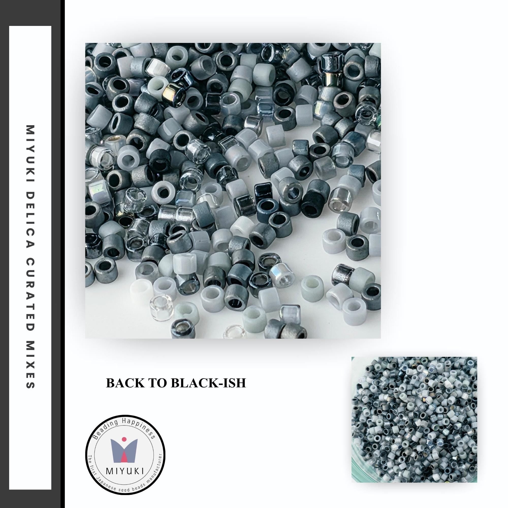 The image is a collage of two images. The top image shows a pile of black-ish beads, while the bottom image features a smaller pile of similar black-ish beads. The text "BACK TO BLACK-ISH" is visible, and the image is described as a "collage of multiple images" and "Miyuki" is mentioned.