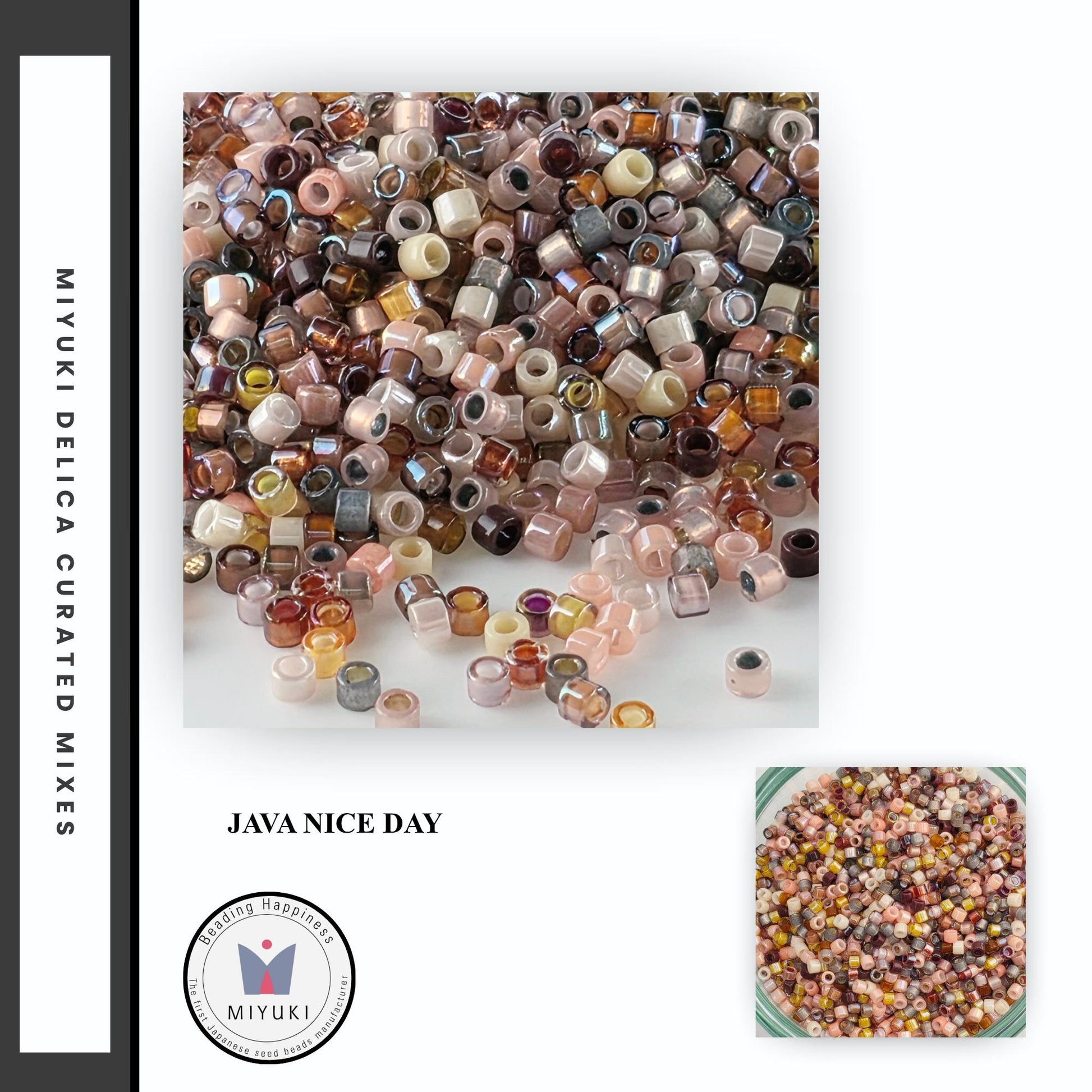 The image is a collage of two photos. The top photo shows a large pile of colorful beads, while the bottom photo displays a bowl filled with more beads. The text "JAVA NICE DAY" is visible, suggesting the image is related to a special occasion or event.
