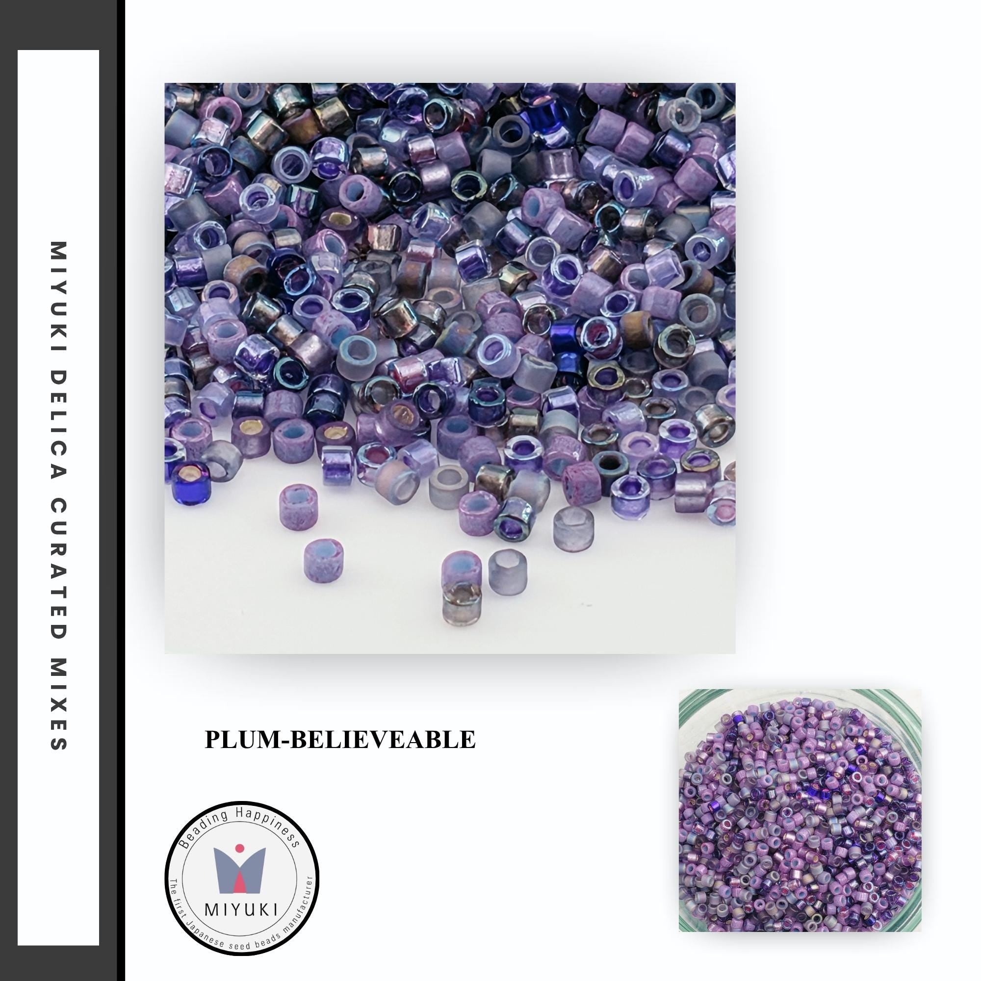 The image is a collage of two images. The top image shows a pile of purple beads, while the bottom image shows a bowl filled with purple beads. The text "PLUM-BELIEVEABLE" is visible in the image.