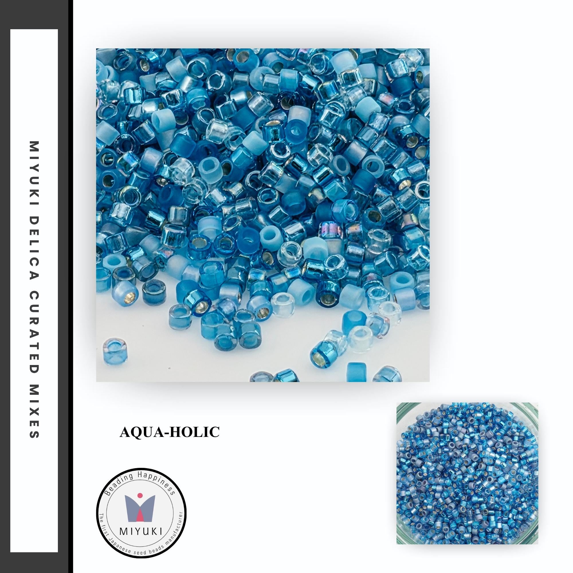 The image is a collage of two images. The top image shows a large pile of blue and clear beads, while the bottom image shows a smaller pile of blue and clear beads. The text "AQUA-HOLIC" is visible in the image.