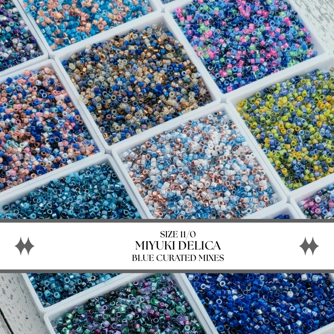 a collection of blue curated mixtures in various sizes, arranged in multiple white containers.