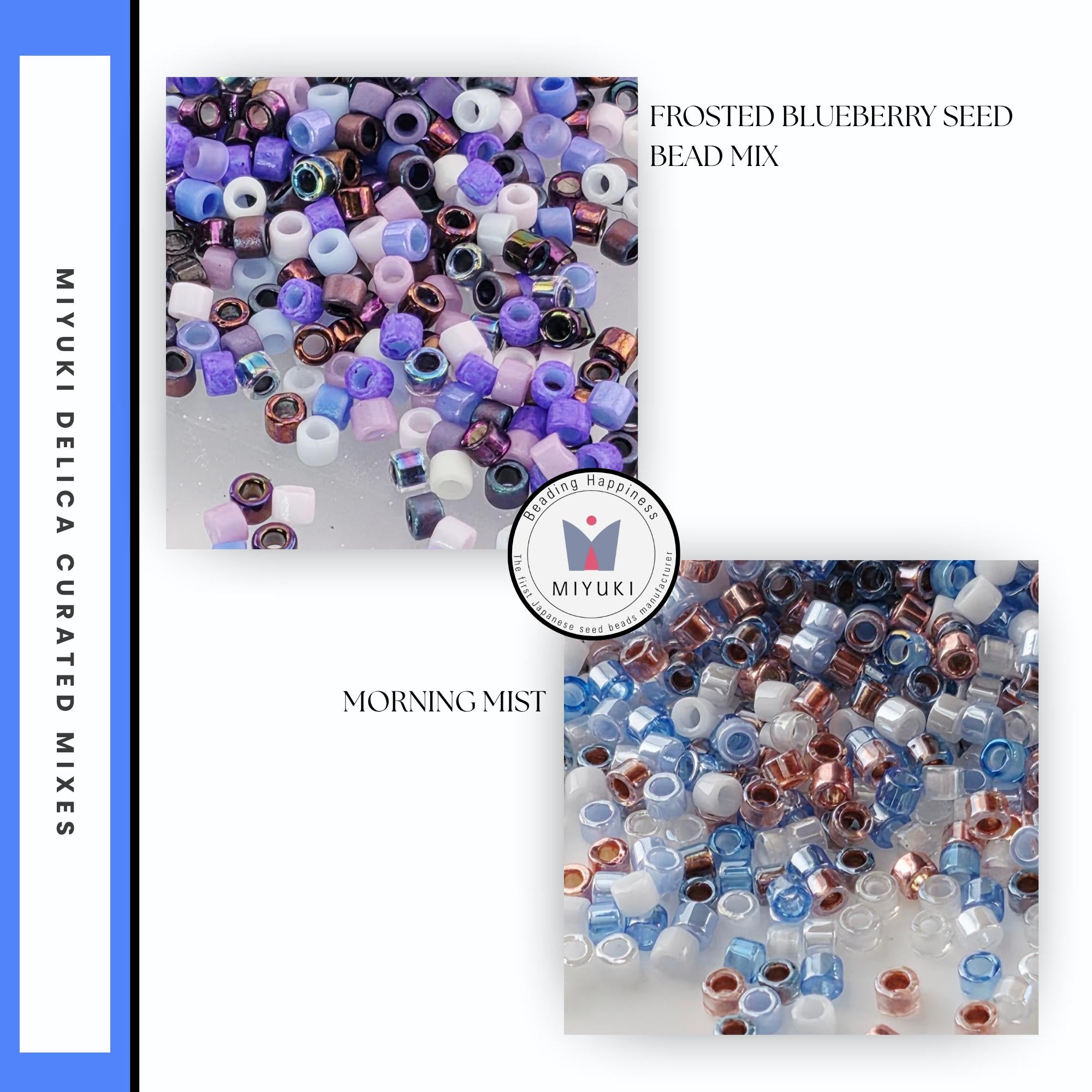The image is a collage of two images, each showcasing a different type of bead mix. The top image displays a collection of frosted blueberry seed beads, while the bottom image shows a variety of beads in different colors, including blue, purple, and copper.