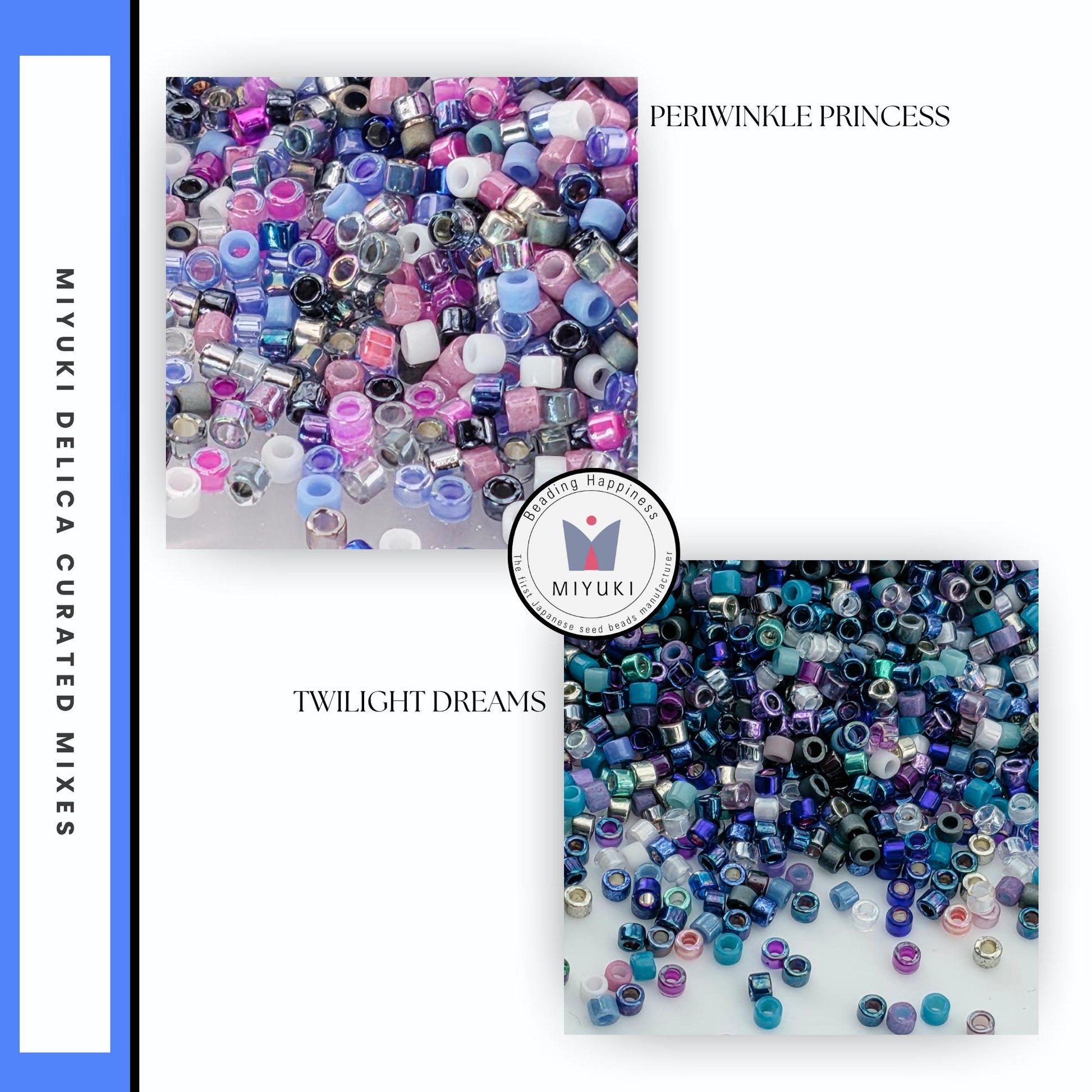 The image is a collage of two images, each featuring a variety of colorful beads, including pearls, gemstones, and glass beads. The text in the image is too small to read clearly, and there are several phrases that could be used to describe the images, such as "Twilight Dreams" and "PERIWINKLE PRINCESS".
