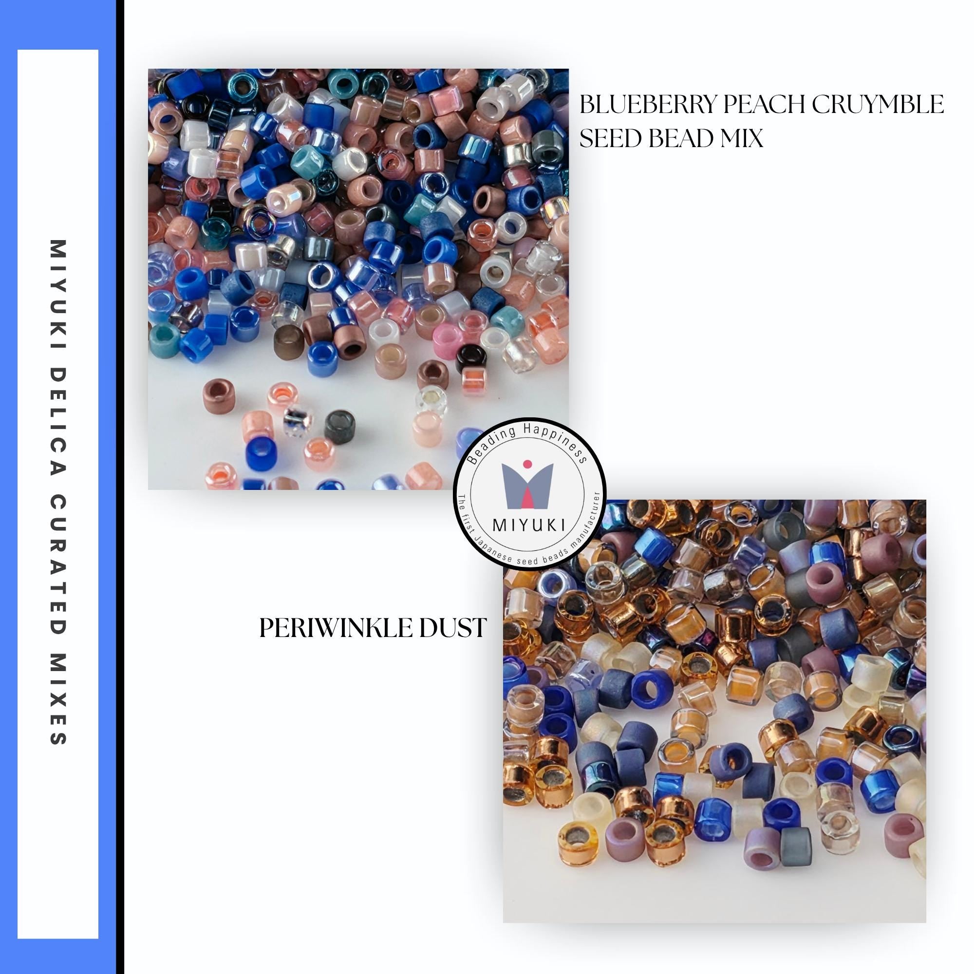 The image is a collage of two images, each showcasing a different type of bead mix. The first image displays a pile of blueberry peach crumbled seed bead mix, while the second image shows a collection of periwinkle dust beads.