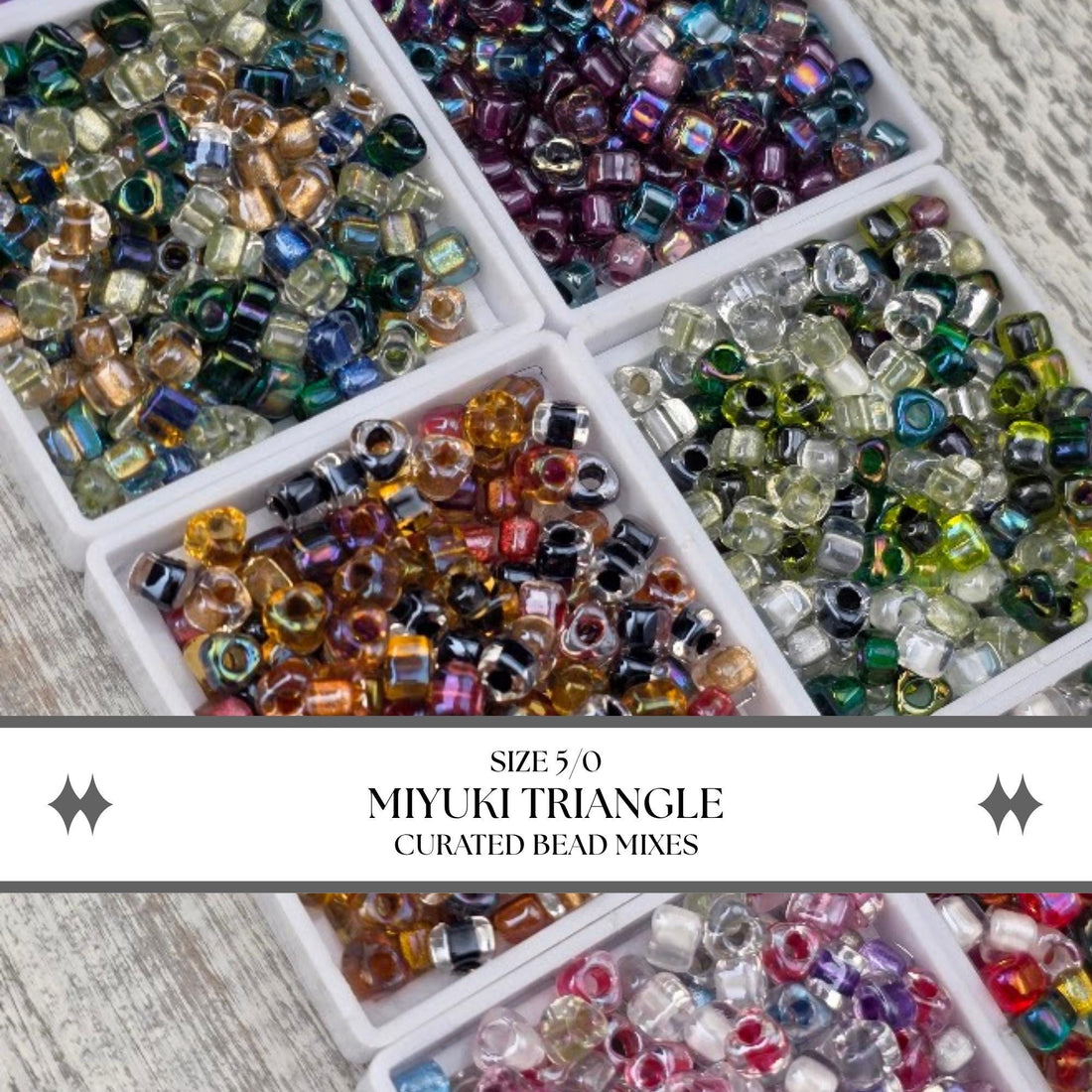 a collection of colorful beads in various shapes and sizes, arranged in separate containers.