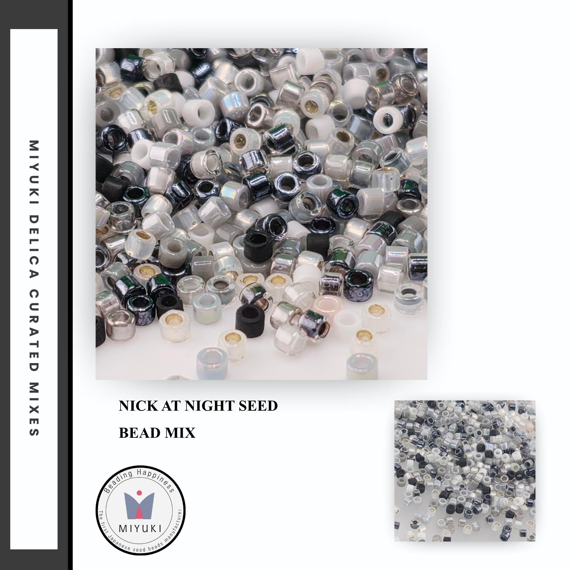 The image is a collage of multiple images featuring a variety of beads, including seed beads and beads mixed together. The text in the image provides information about the beads, such as "NICK AT NIGHT SEED BEAD MIX" and "MIYUKI DELICA CURATED MIXES".