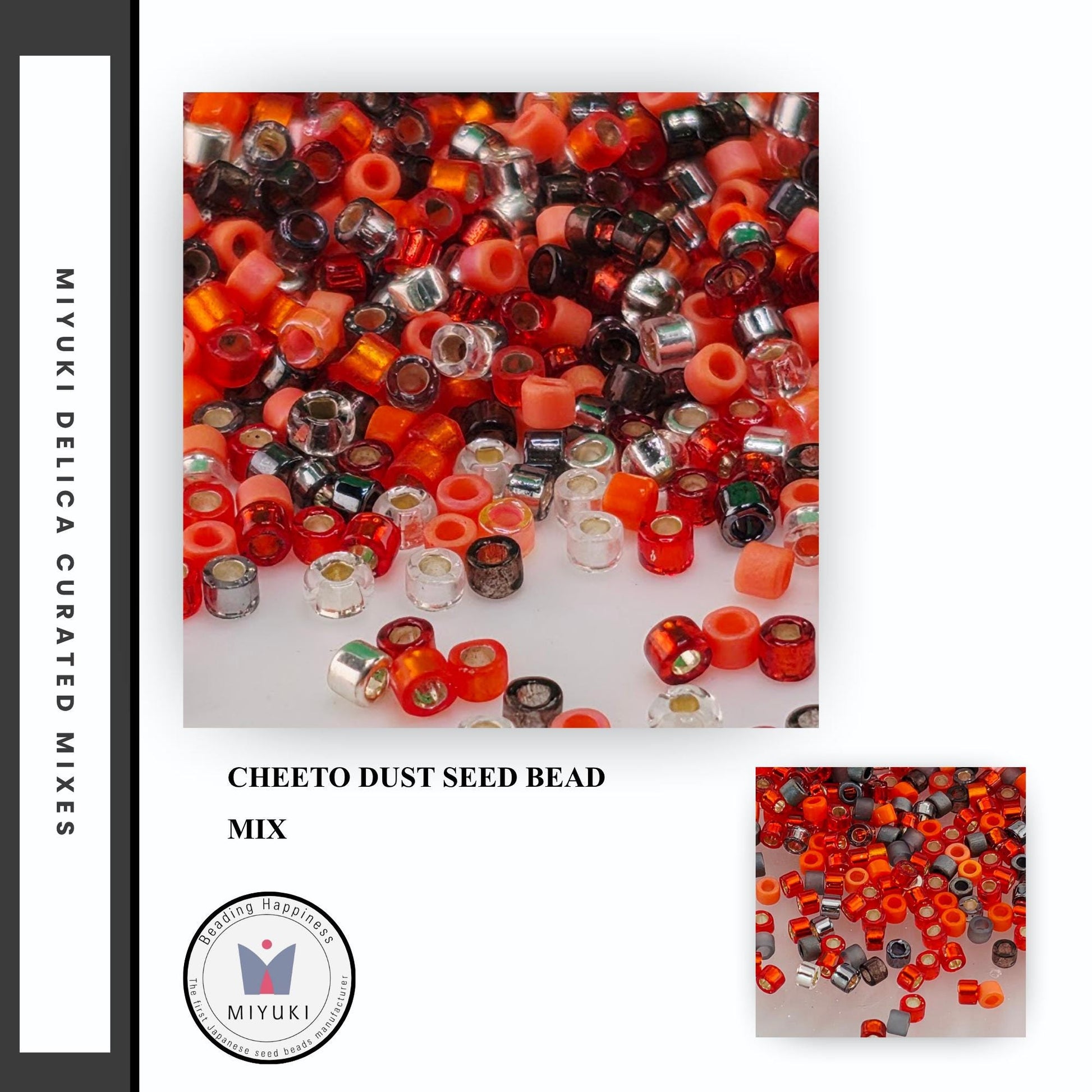 The image is a collage of various colorful beads, including red, orange, and silver beads, scattered across a white background.