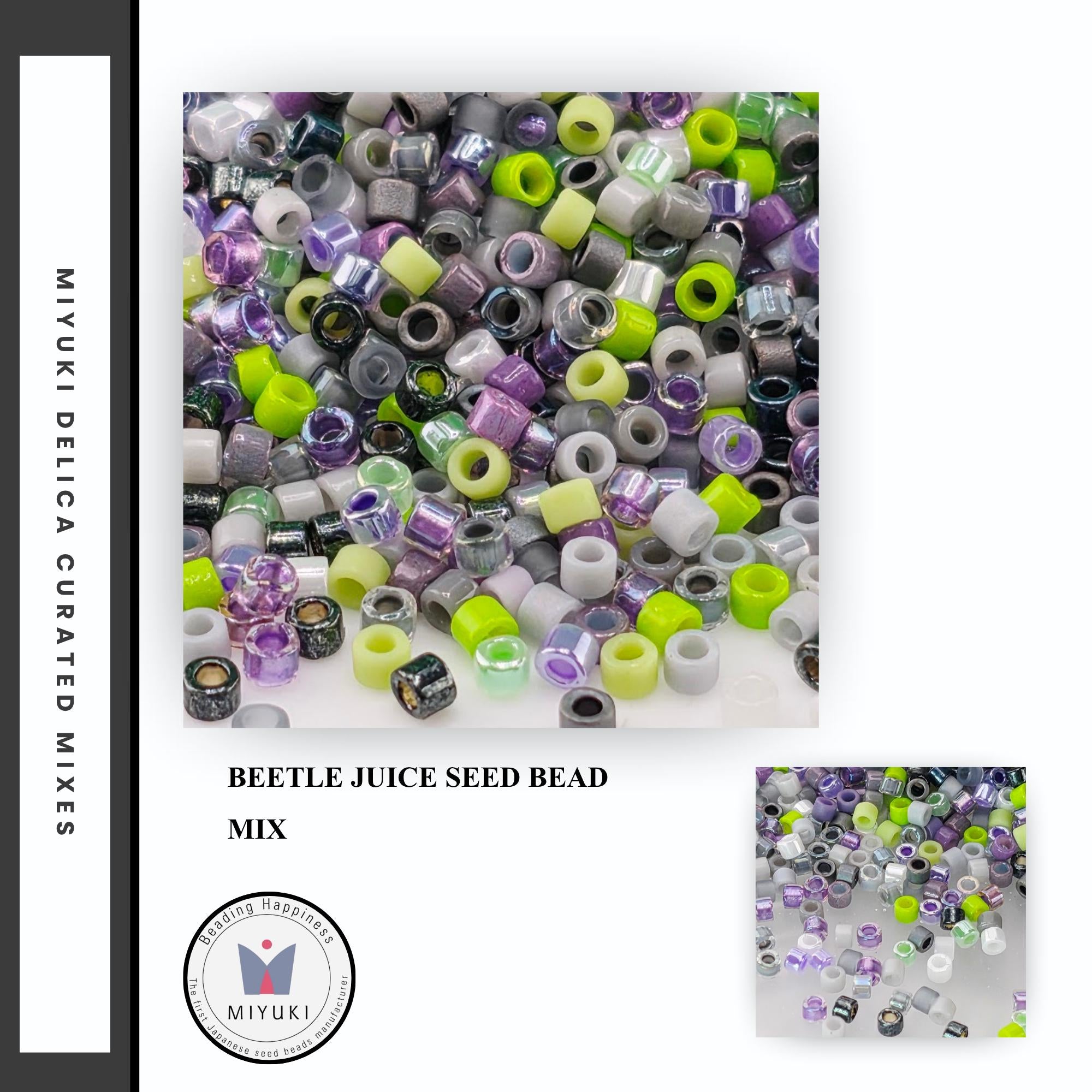 The image is a collage of various beads, including a mix of purple, green, and white beads, as well as some beads that appear to be made of plastic. The collage is titled "BEETLE JUICE SEED BEAD MIX" and includes a smaller image of the same beads.