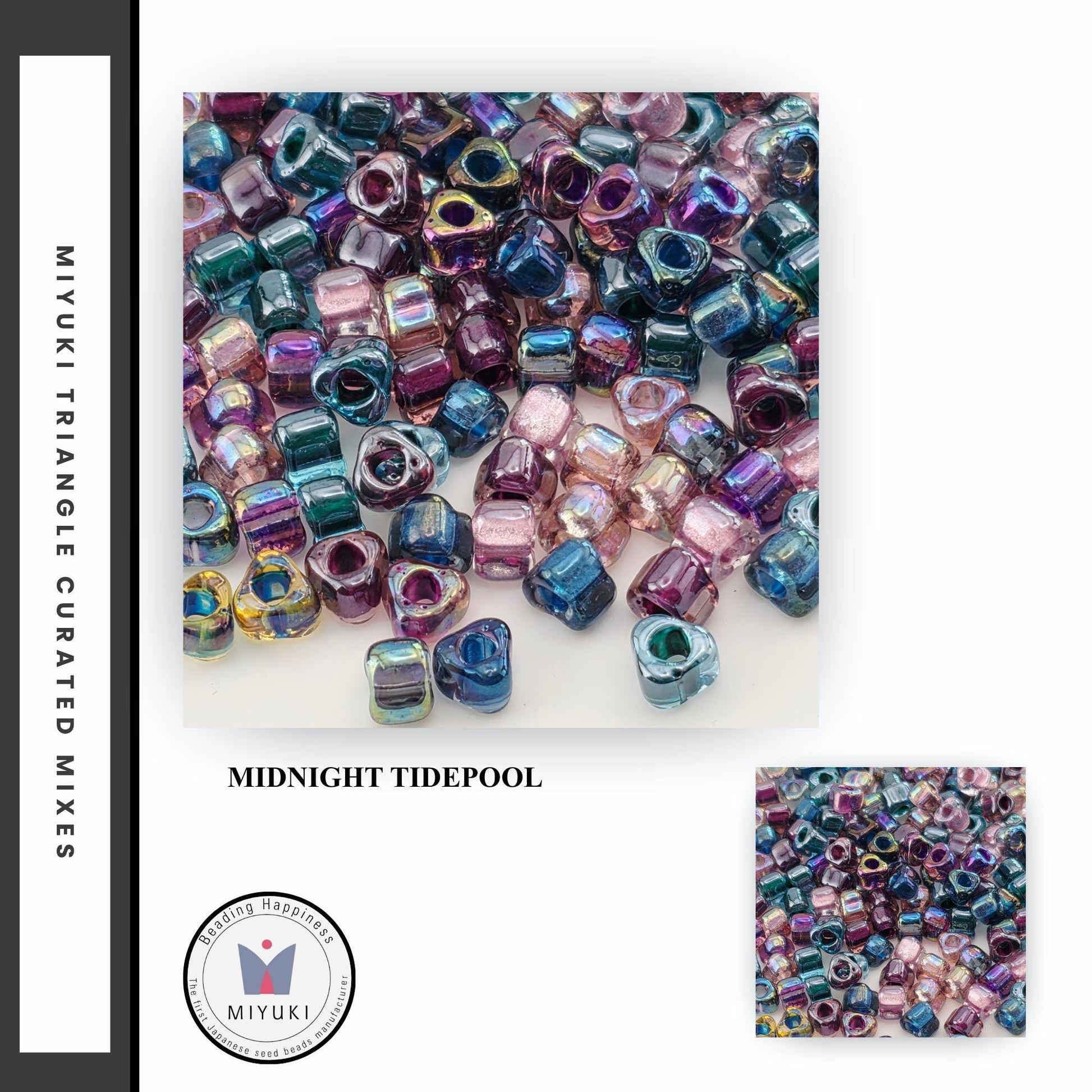 The image is a collage of multiple images featuring a variety of colorful beads, including the beads in shades of purple, blue, and green. The image in the center is labeled "Midnight Tidepool" and is surrounded by other images of beads in different colors and sizes.