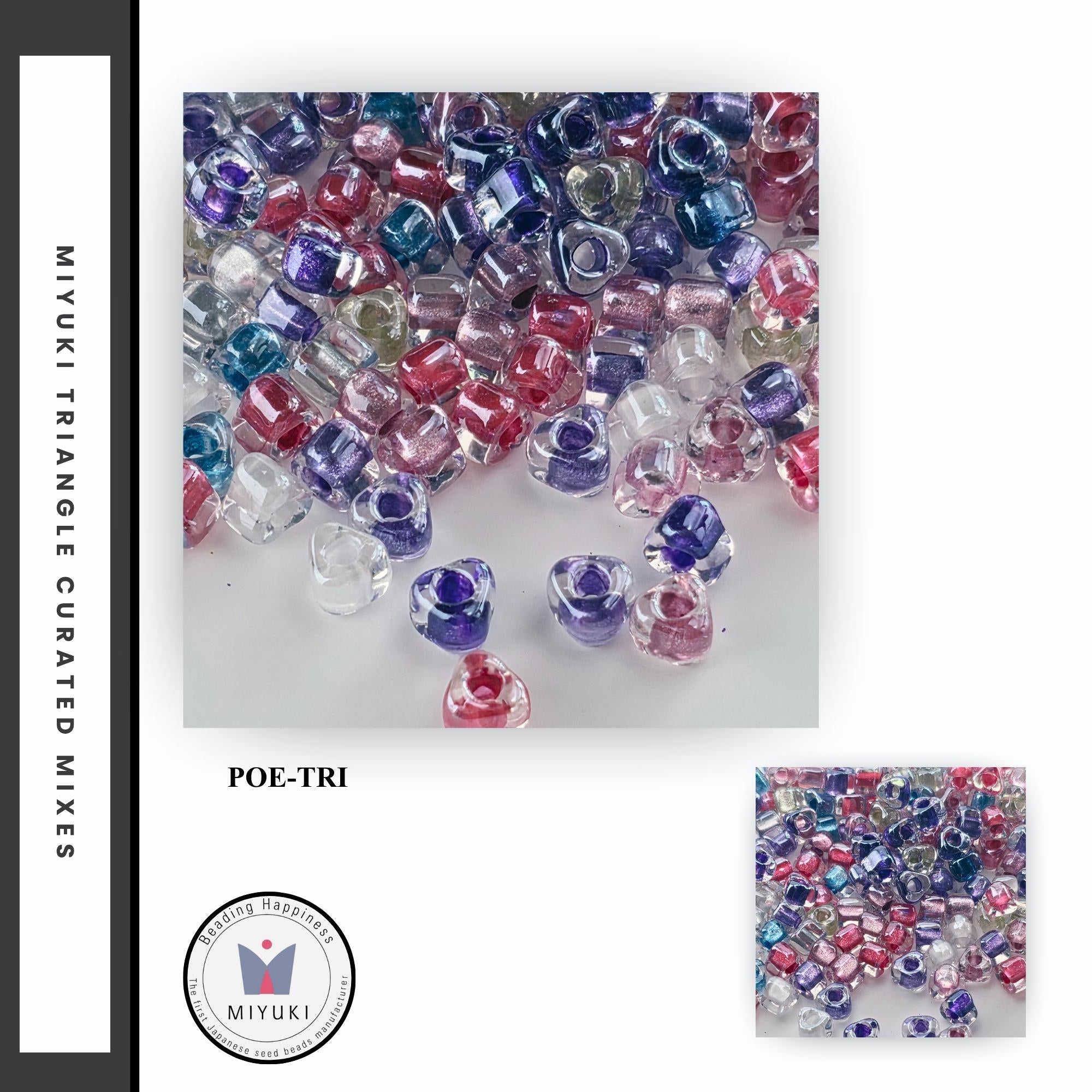 The image is a collage of multiple images featuring a variety of colorful beads, including clear, purple, and multicolored glass beads.