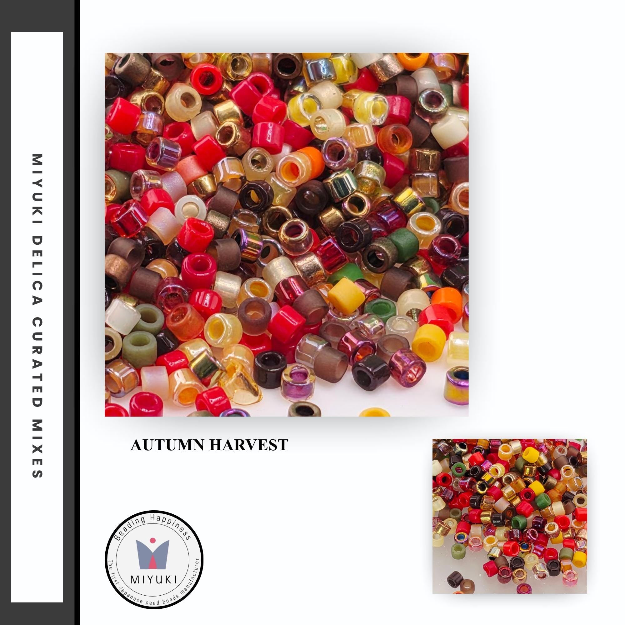 The image is a collage of various colorful beads, including autumn harvest beads, arranged in a visually appealing manner.