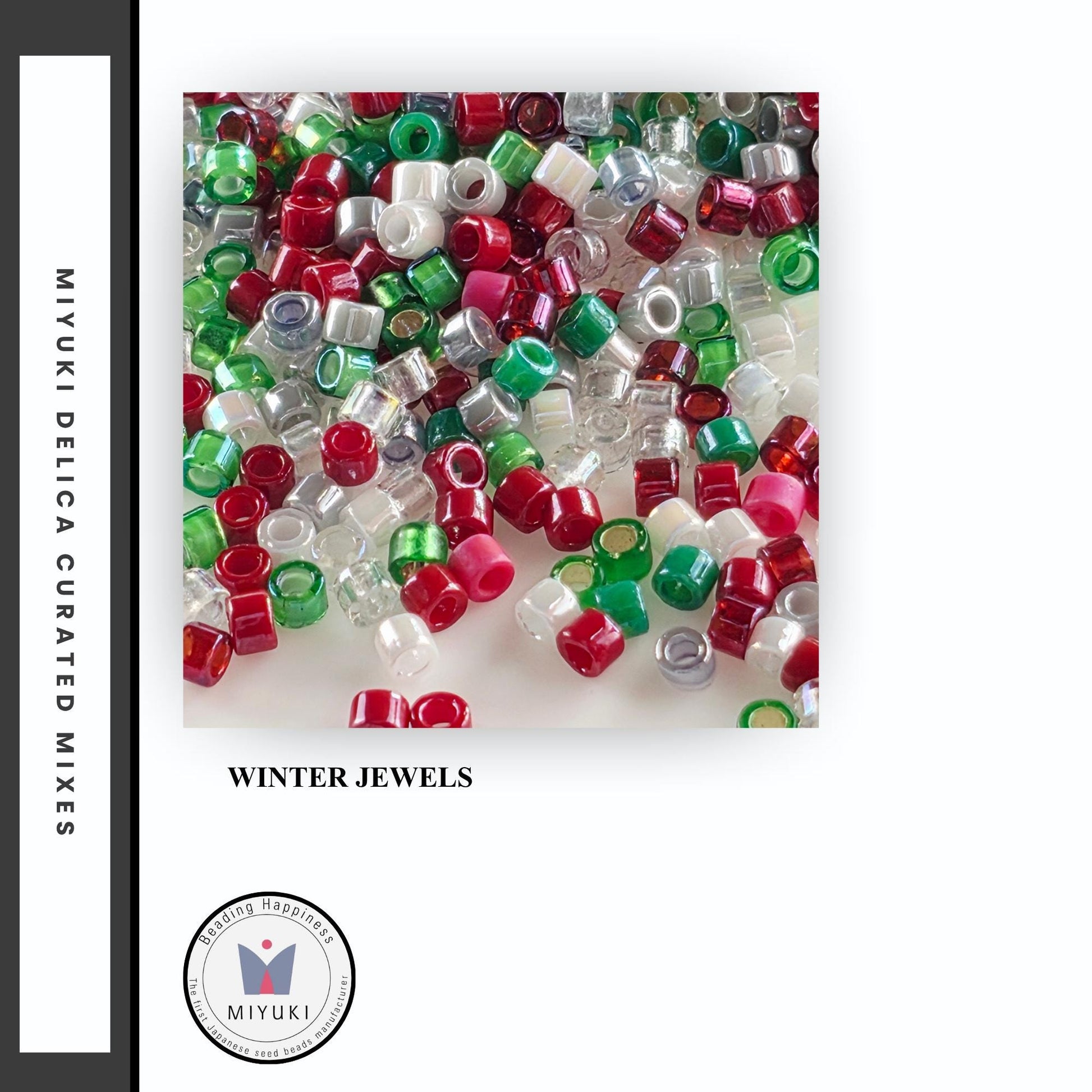 The image is a collage of various colored beads, including red, green, white, and clear beads, scattered across a white background.