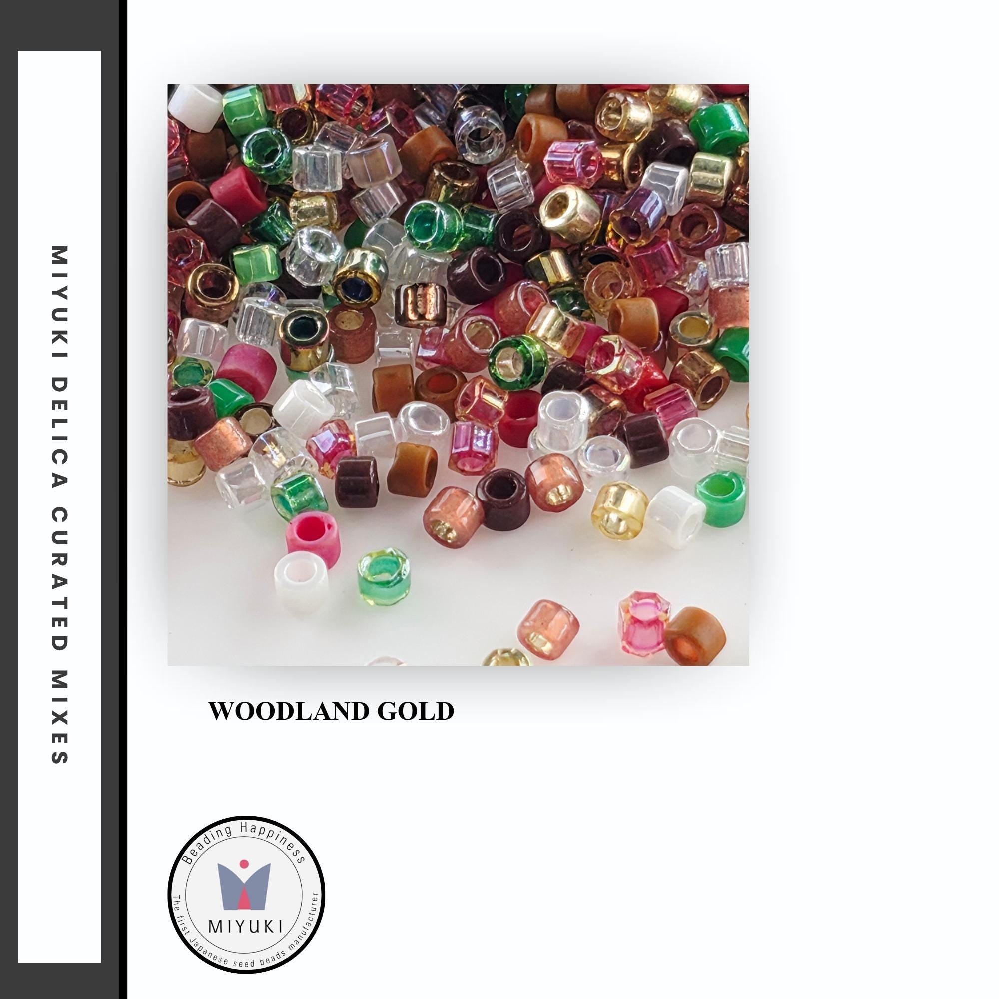 The image is a collage of various colorful beads and trinkets, including gold, pink, green, and clear beads, scattered across a white background.