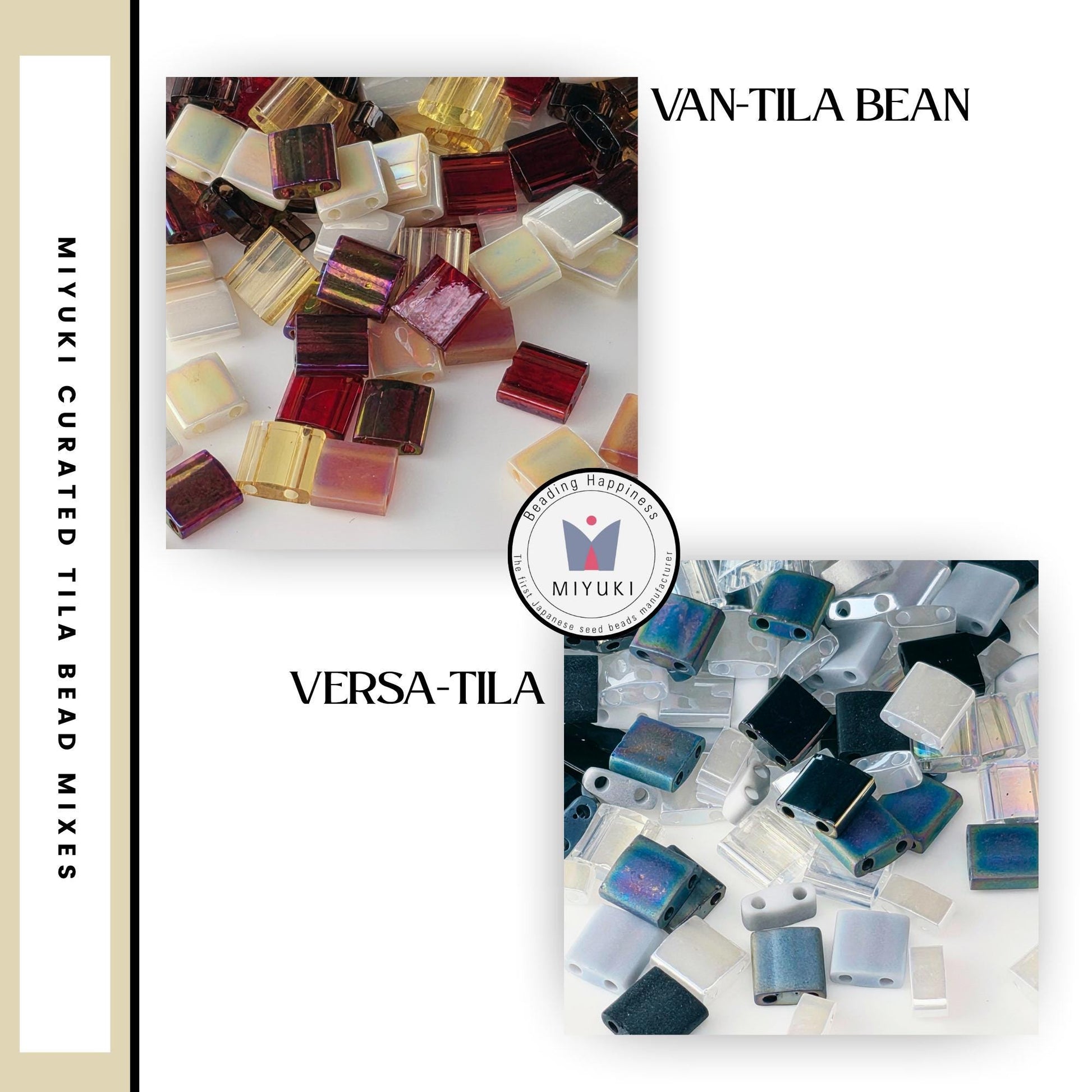 The image is a collage of two images, one showing a pile of colorful glass beads and the other showing a pile of glass beads. The text "VAN-TILA BEAN" and "VERSA-TILA" are visible, indicating the names of the beads.