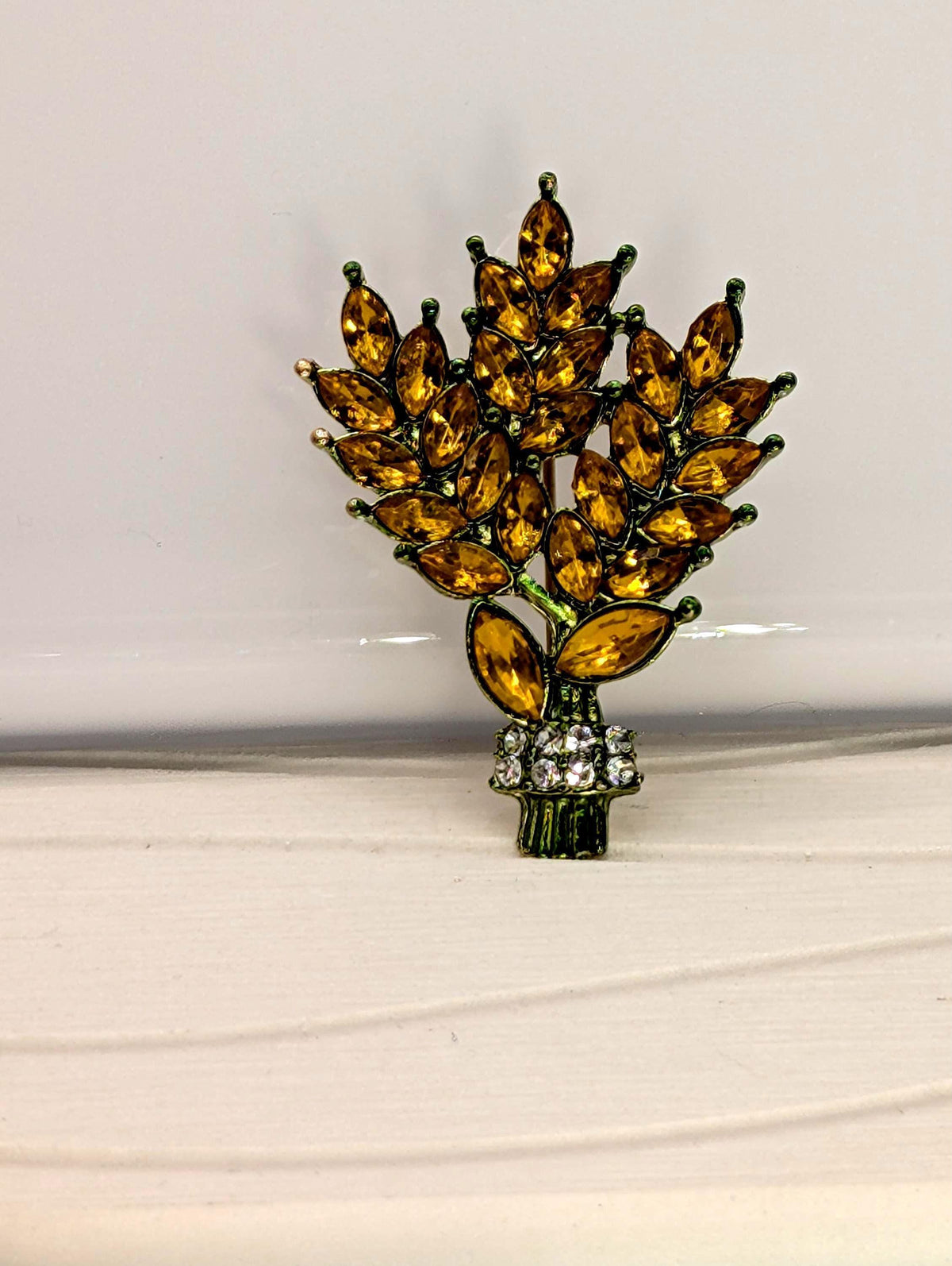Bamboo Brooch Pin, Orange Rhinestones | Gold Tone Plated | Compact Style