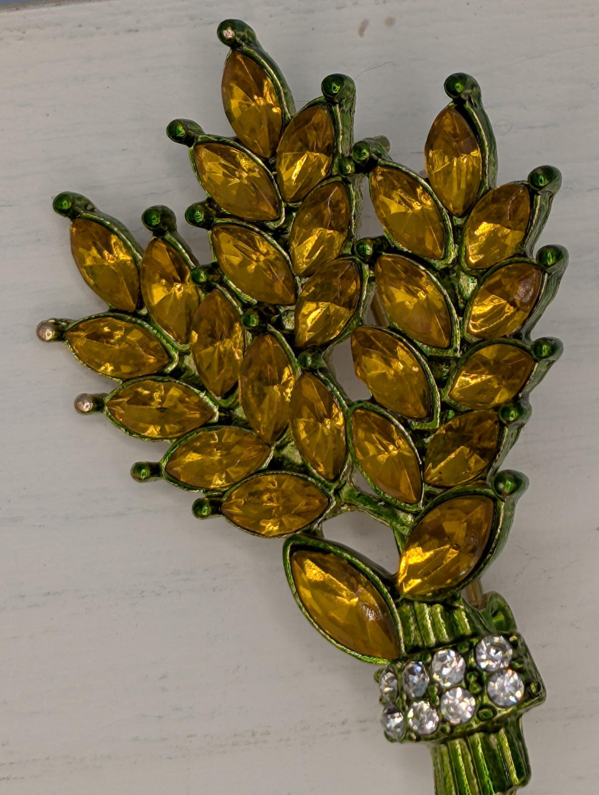Bamboo Brooch Pin, Orange Rhinestones | Gold Tone Plated | Compact Style