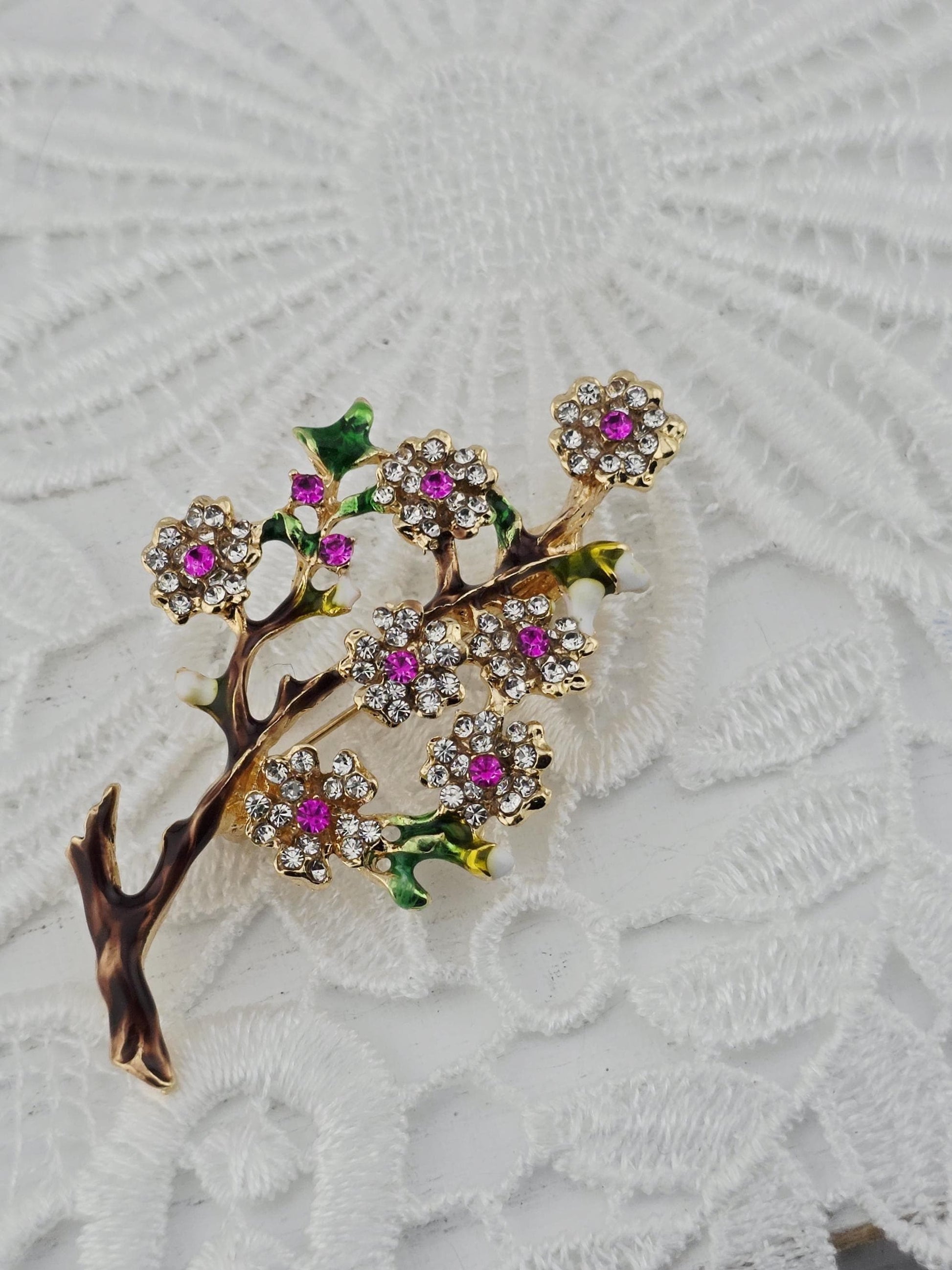 Plum Blossom Brooch - Vintage Sparkling Rhinestone Pin