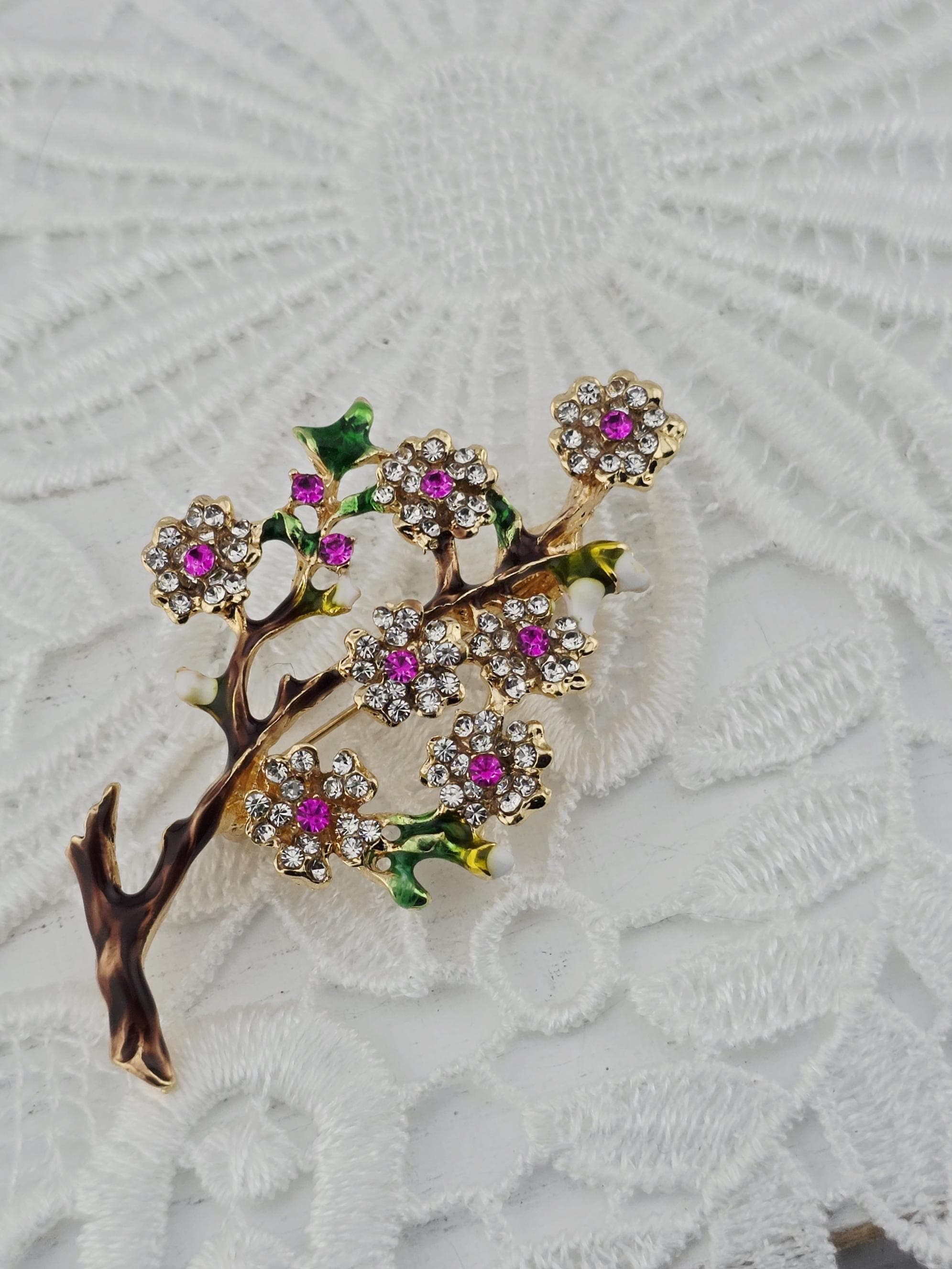 Plum Blossom Brooch - Vintage Sparkling Rhinestone Pin