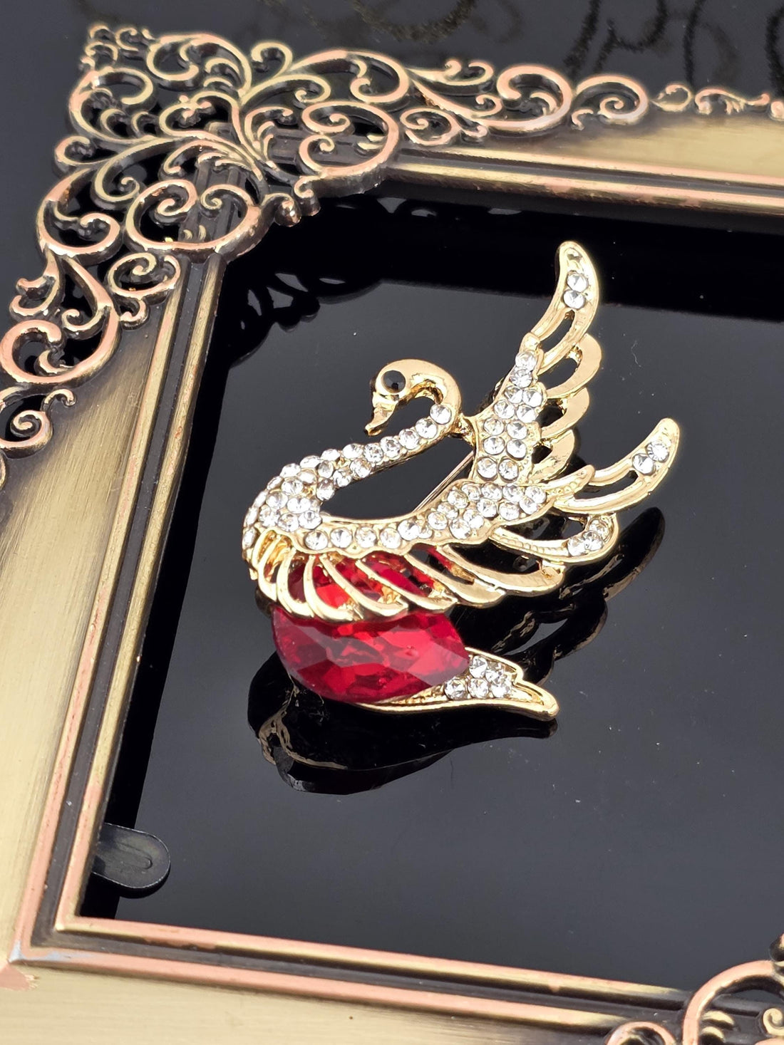 Delicate Swan Pin, Gold Plated Jewelry | Ruby Accent | Elegant Brooch