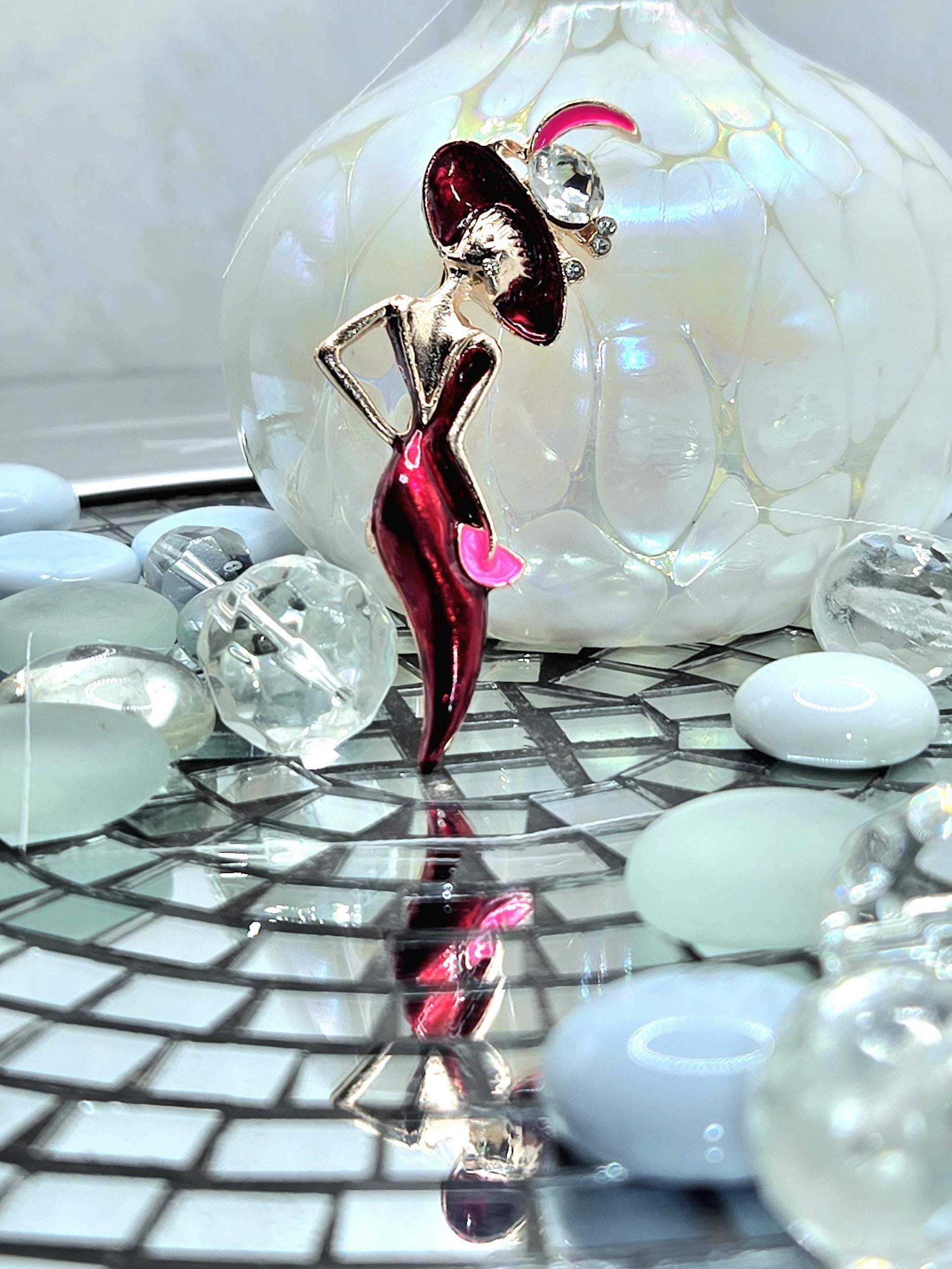 Lady in Red Brooch, Rose Gold Plated with Rhinestones (Compact Pin)