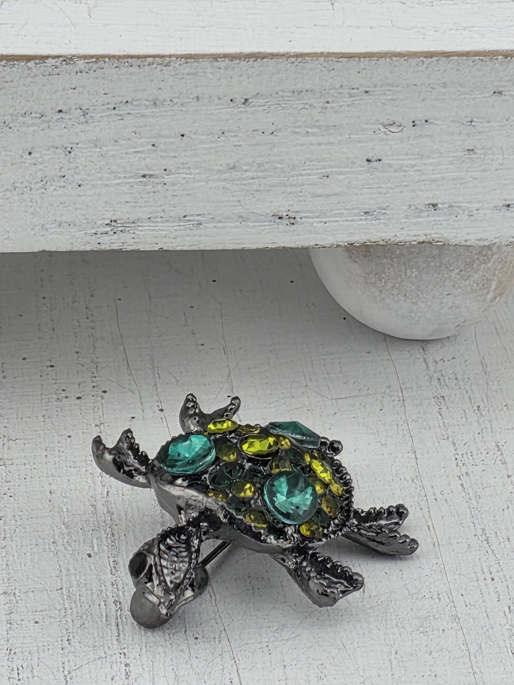 Ocean Turtle Pin, Gunmetal with Teal Accents (Lightweight Brooch)