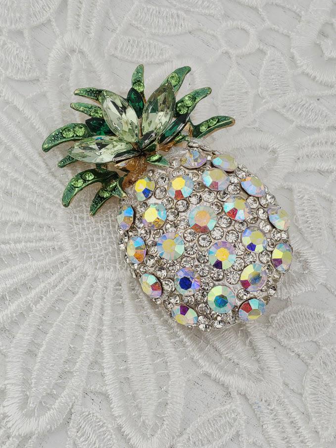 Pineapple Pendant: Gold Tone with Crystal Rhinestones, Green Leaf