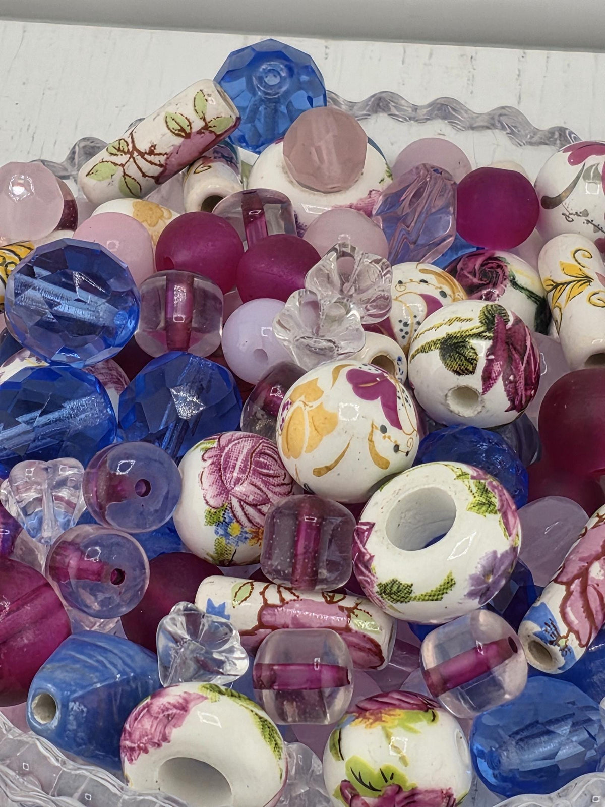 Glass Bead Mix, Forget Me Not Floral Motifs | Purple, Pink & Blue | 2oz