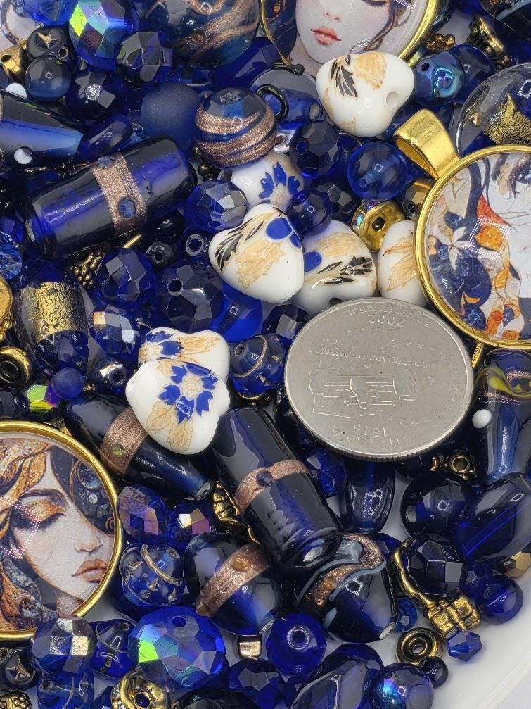 Midnight Muse Bead Soup Mix | Cobalt Gold Foil Glass Beads | Art Nouveau Lady Cabochon Pendants | DIY Jewelry Making | Learise Curated Mix