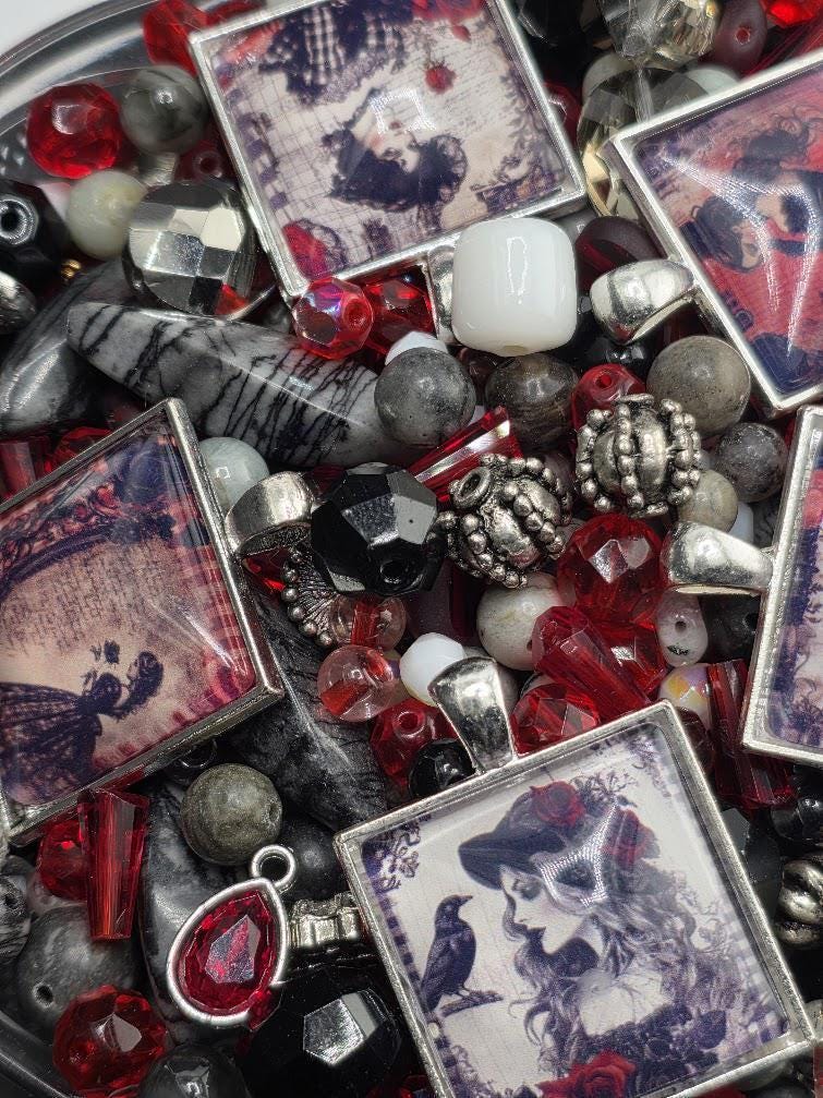 Scarlet and Smoke Bead Soup Mix | Scarlet Red and Black Glass Beads | Gothic Portrait Cabochon Pendants | DIY Jewelry Making