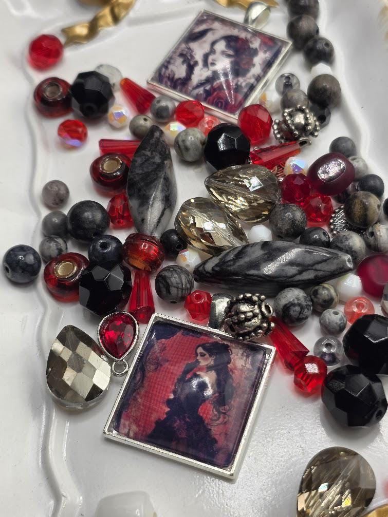 Scarlet and Smoke Bead Soup Mix | Scarlet Red and Black Glass Beads | Gothic Portrait Cabochon Pendants | DIY Jewelry Making