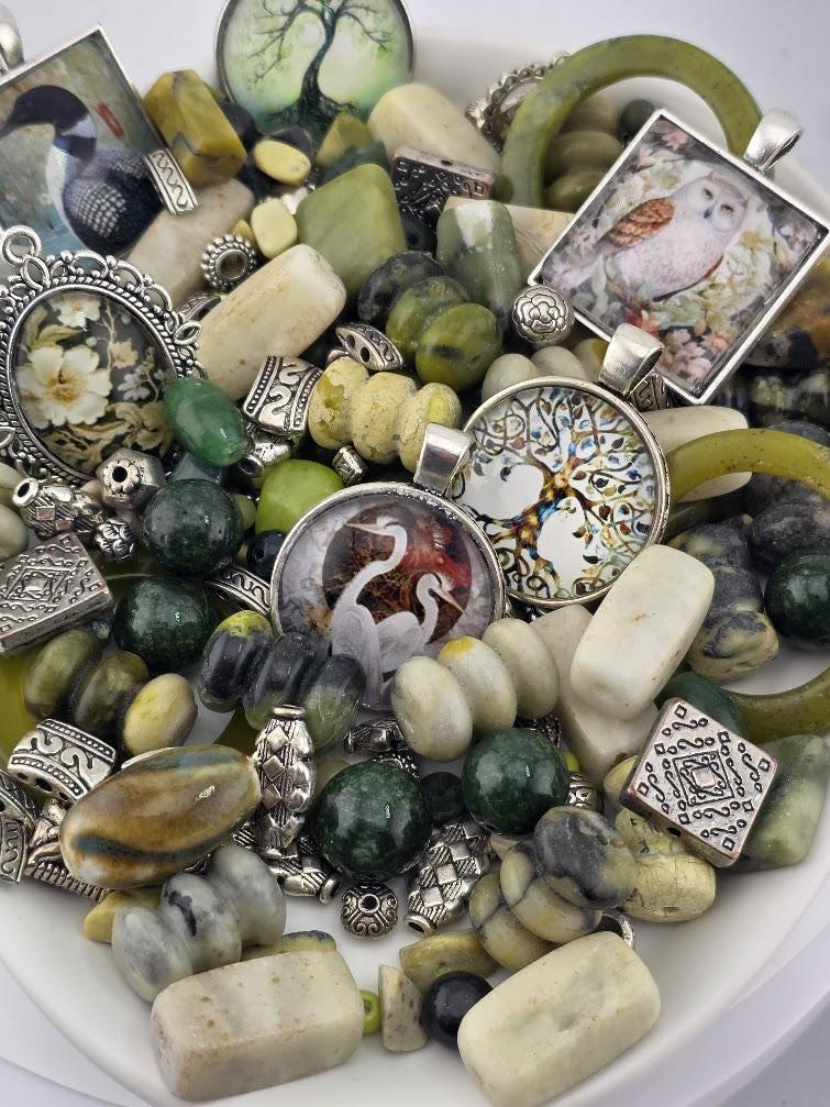 Hollow and Hoot Bead Soup Mix | Mossy Green and Cream Glass Beads | Owl and Tree of Life Cabochon Pendants | DIY Jewelry Making