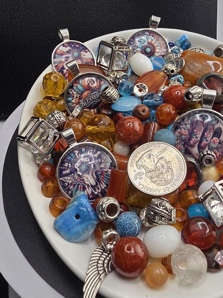 Mesa Sunrise Bead Soup Mix | Rust and Turquoise Glass Beads | Bull Skull and Sunflower Cabochon Pendants | DIY Jewelry Making
