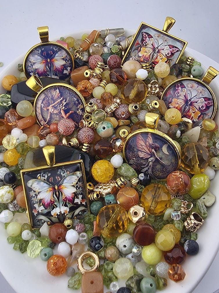 Butterfly Reverie Bead Soup Mix | Amber and Multi-Color Glass Beads | Butterfly and Fairy Cabochon Pendants | DIY Jewelry Making
