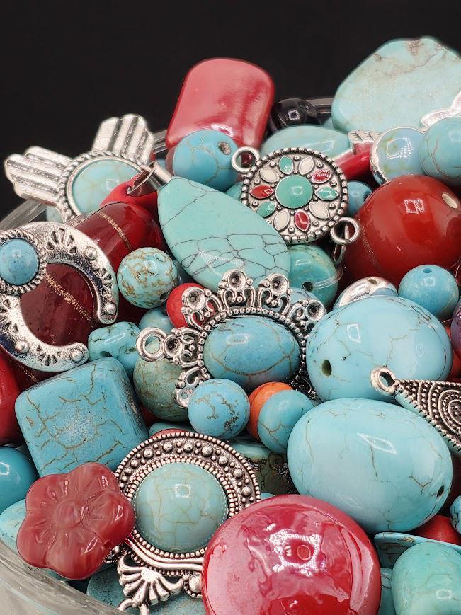 Santa Fe Bead Soup Mix | Turquoise Red Coral Glass Beads | Silver Thunderbird Concho Pendants | DIY Jewelry Making | Learise Curated Mix