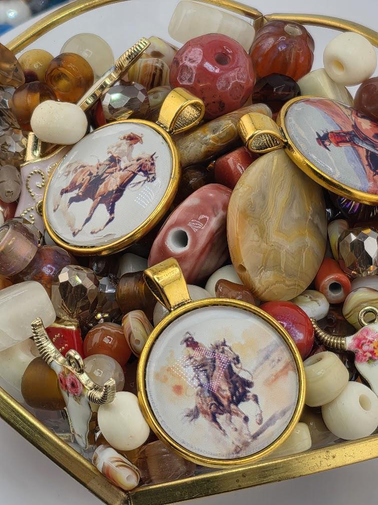 Desert Sundance Bead Soup Mix | Rust and Cream Glass Beads | Cowboy and Horse Cabochon Pendants | DIY Jewelry Making | Learise Curated Mix