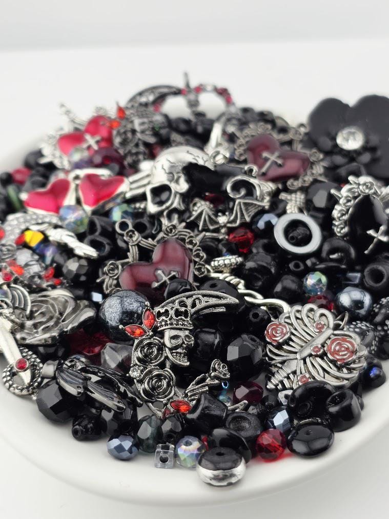 Glass Bead Soup Mix - Blood & Roses | Black, Blood Red and Silve Beads | Cross-Heart, Skull and Rose Pendants | DIY Jewelry Making Supply
