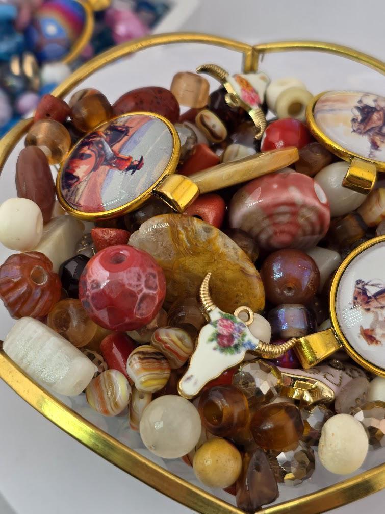 Desert Sundance Bead Soup Mix | Rust and Cream Glass Beads | Cowboy and Horse Cabochon Pendants | DIY Jewelry Making | Learise Curated Mix