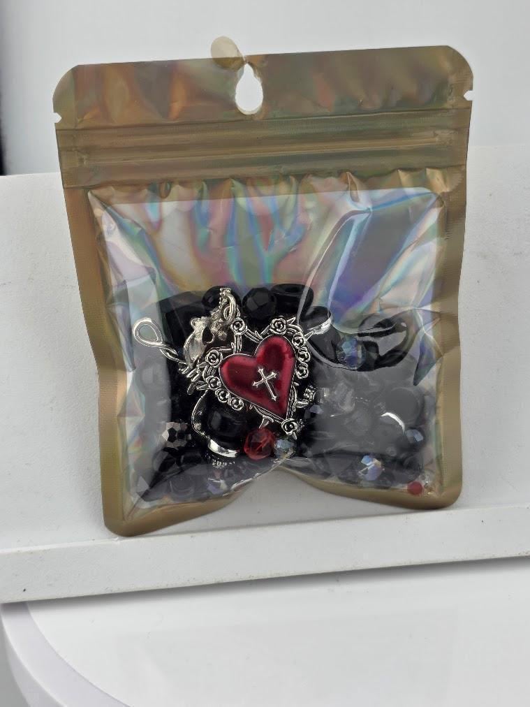 Glass Bead Soup Mix - Blood & Roses | Black, Blood Red and Silve Beads | Cross-Heart, Skull and Rose Pendants | DIY Jewelry Making Supply