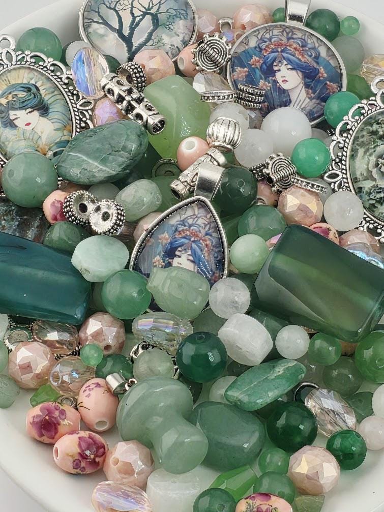 Sage and Rosewater Bead Soup Mix | Sage Green and Blush Glass Beads | Art Nouveau Lady Cabochon Pendants | DIY Jewelry Making