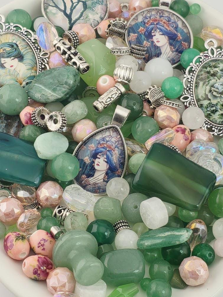 Sage and Rosewater Bead Soup Mix | Sage Green and Blush Glass Beads | Art Nouveau Lady Cabochon Pendants | DIY Jewelry Making