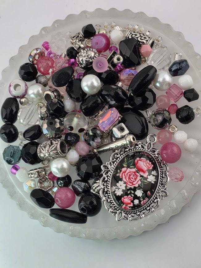 Mademoiselle Bead Soup Mix | Black, Pink and Pearl Glass Beads | Vintage Clock and Rose Pendants | DIY Jewelry Making | Learise Curated Mix