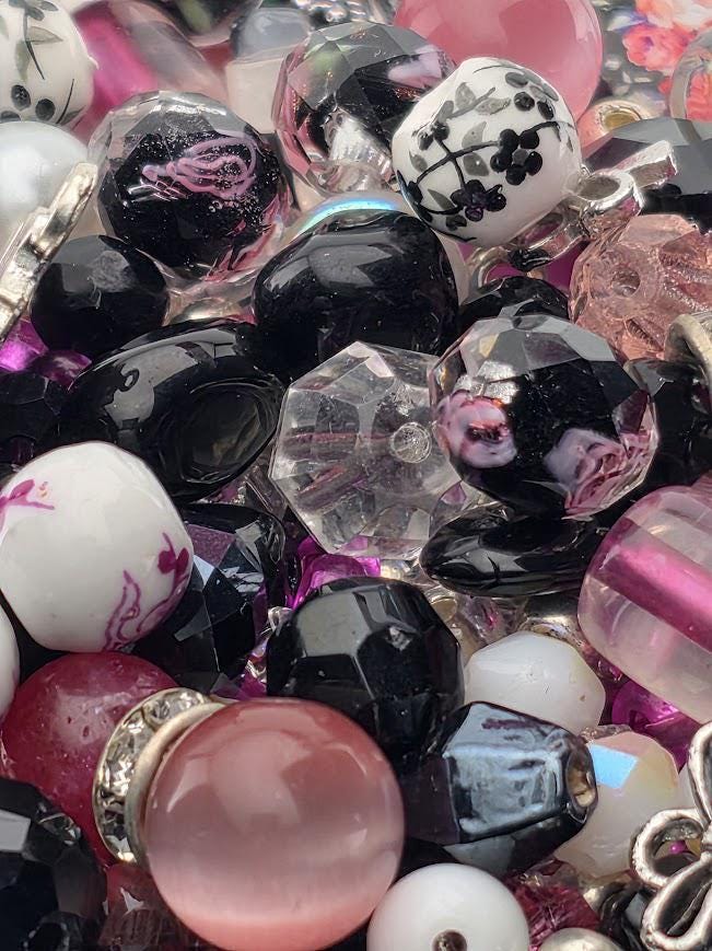 Mademoiselle Bead Soup Mix | Black, Pink and Pearl Glass Beads | Vintage Clock and Rose Pendants | DIY Jewelry Making | Learise Curated Mix