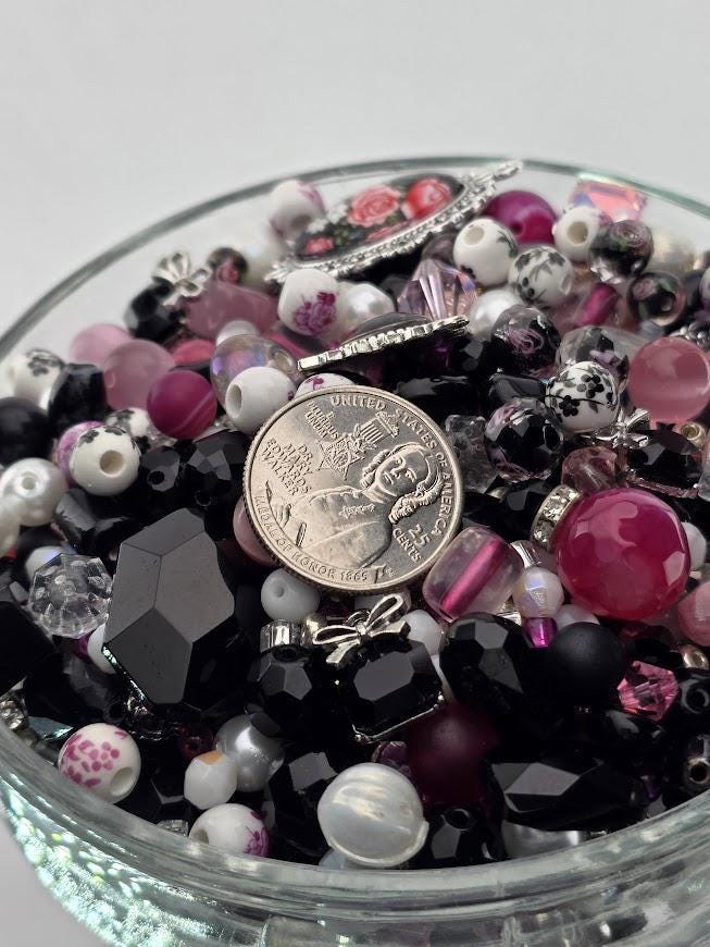 Mademoiselle Bead Soup Mix | Black, Pink and Pearl Glass Beads | Vintage Clock and Rose Pendants | DIY Jewelry Making | Learise Curated Mix