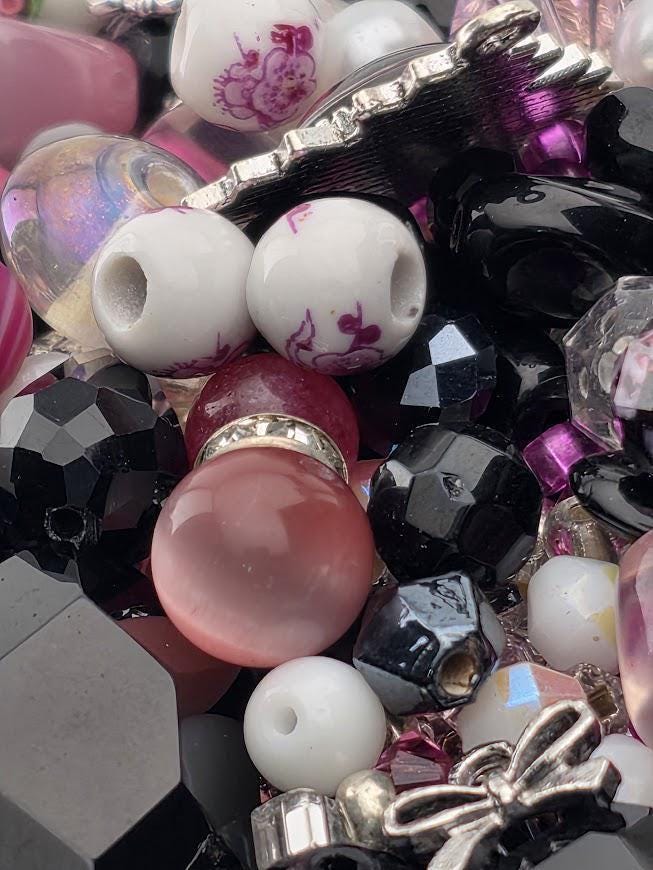 Mademoiselle Bead Soup Mix | Black, Pink and Pearl Glass Beads | Vintage Clock and Rose Pendants | DIY Jewelry Making | Learise Curated Mix