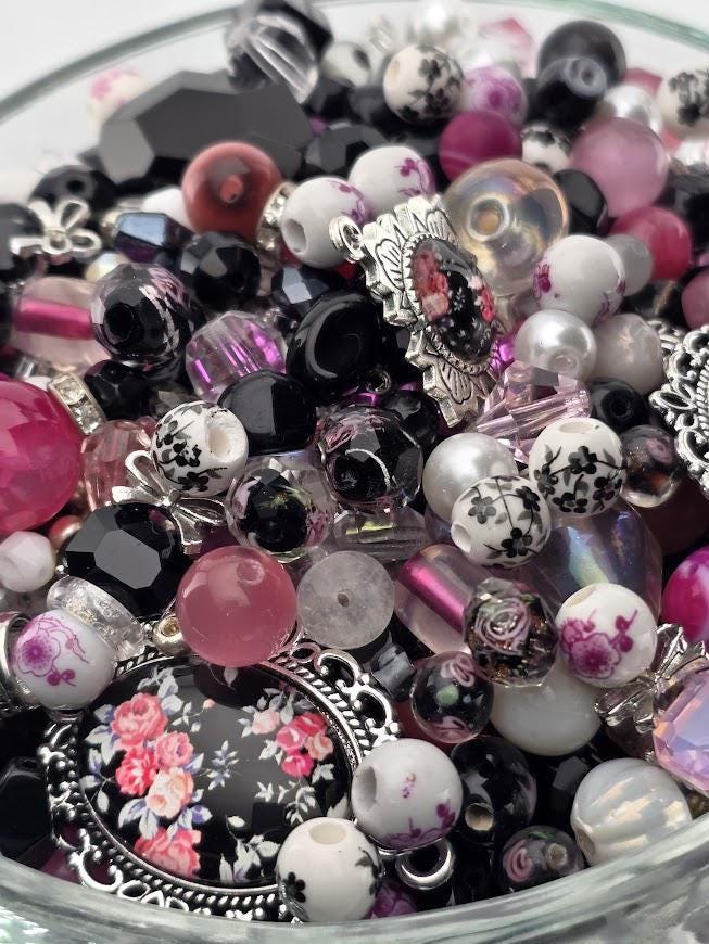 Mademoiselle Bead Soup Mix | Black, Pink and Pearl Glass Beads | Vintage Clock and Rose Pendants | DIY Jewelry Making | Learise Curated Mix
