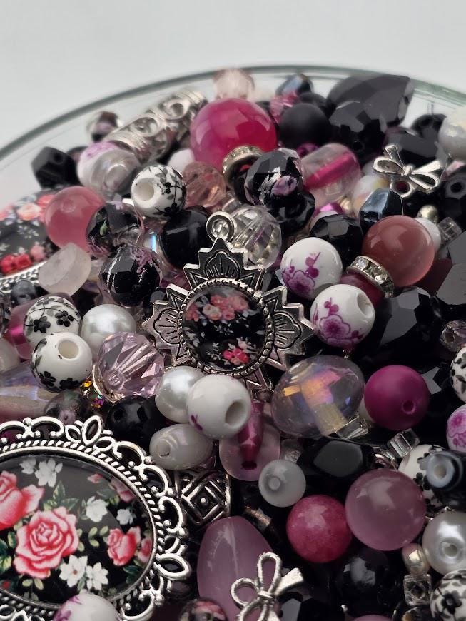 Mademoiselle Bead Soup Mix | Black, Pink and Pearl Glass Beads | Vintage Clock and Rose Pendants | DIY Jewelry Making | Learise Curated Mix