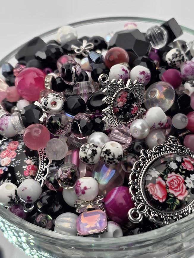 Mademoiselle Bead Soup Mix | Black, Pink and Pearl Glass Beads | Vintage Clock and Rose Pendants | DIY Jewelry Making | Learise Curated Mix
