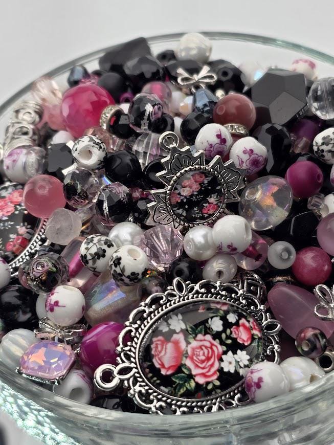 Mademoiselle Bead Soup Mix | Black, Pink and Pearl Glass Beads | Vintage Clock and Rose Pendants | DIY Jewelry Making | Learise Curated Mix
