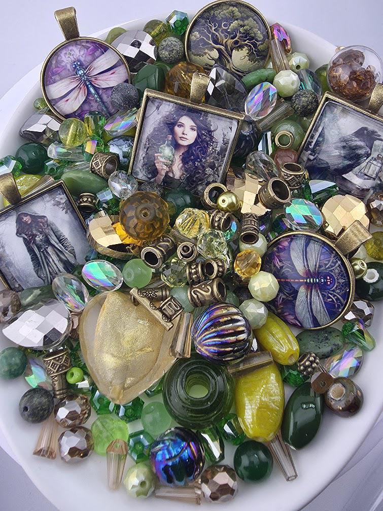 Velvet Reverie Bead Soup Mix | Emerald and Plum Glass Beads | Dragonfly and Fae Cabochon Pendants | DIY Jewelry Making | Learise Curated Mix