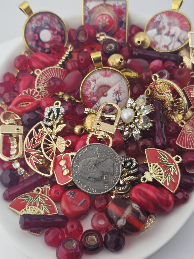 Crimson Lantern Bead Soup Mix | Deep Red and Gold Glass Beads | Oriental Fan Cabochon Pendants | DIY Jewelry Making | Learise Curated Mix